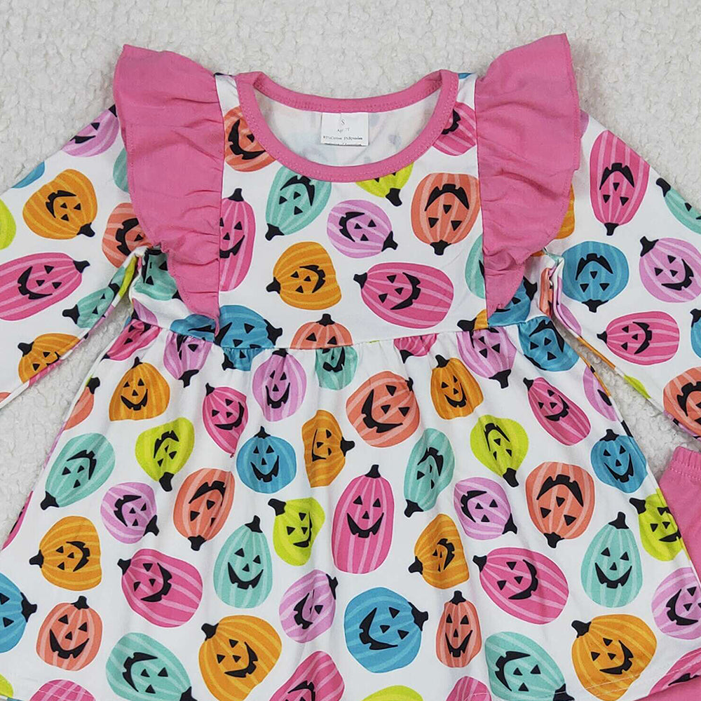 RTS NO MOQ (In stock)GLP2569 Baby Girls Winter Outfits Halloween Colorful Ghost Pumpkins Top Ruffle Pants Sets