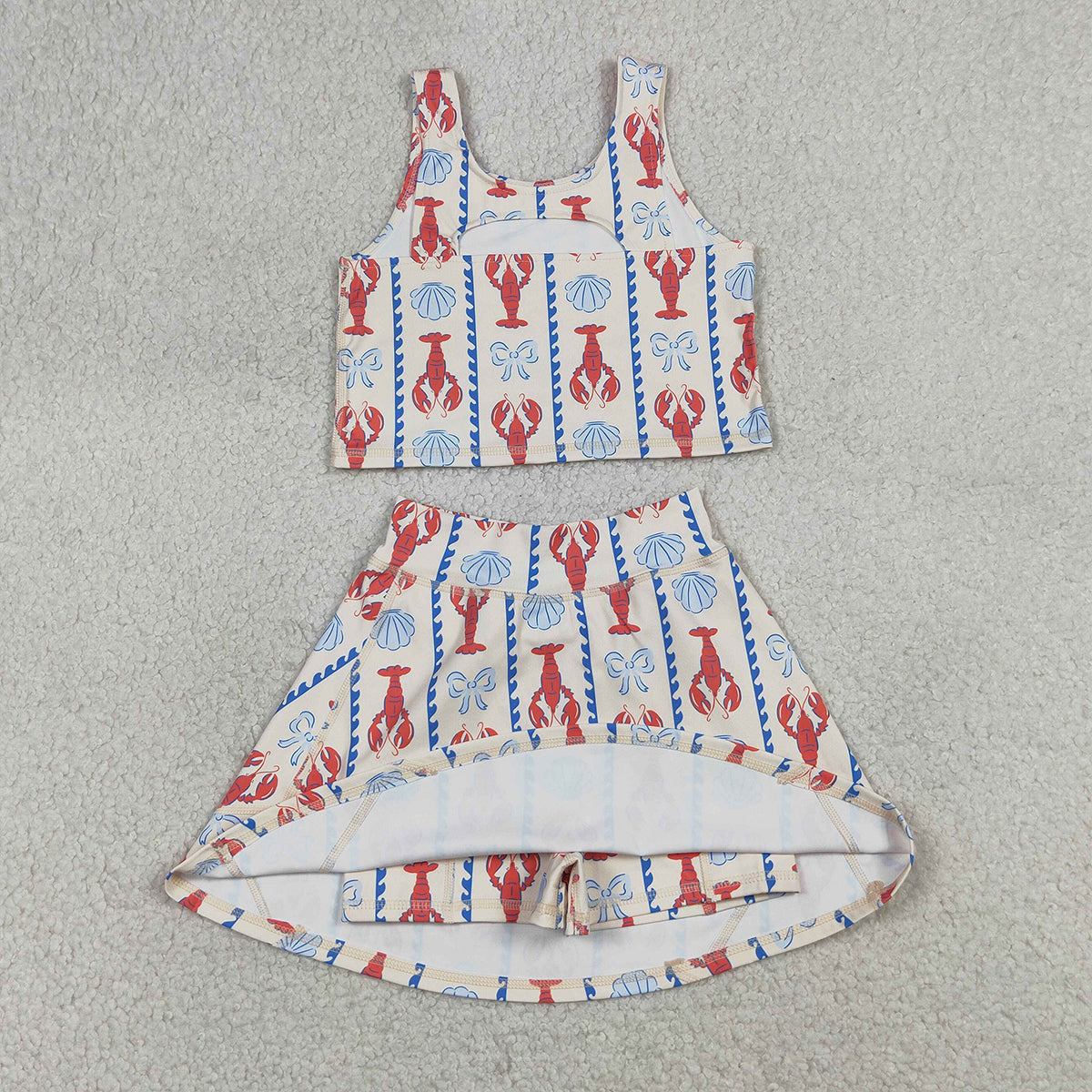 4.11 GSD3626 RTS NO MOQ (In stock )Sleeveless crawfish bow top skirt girls active wear set