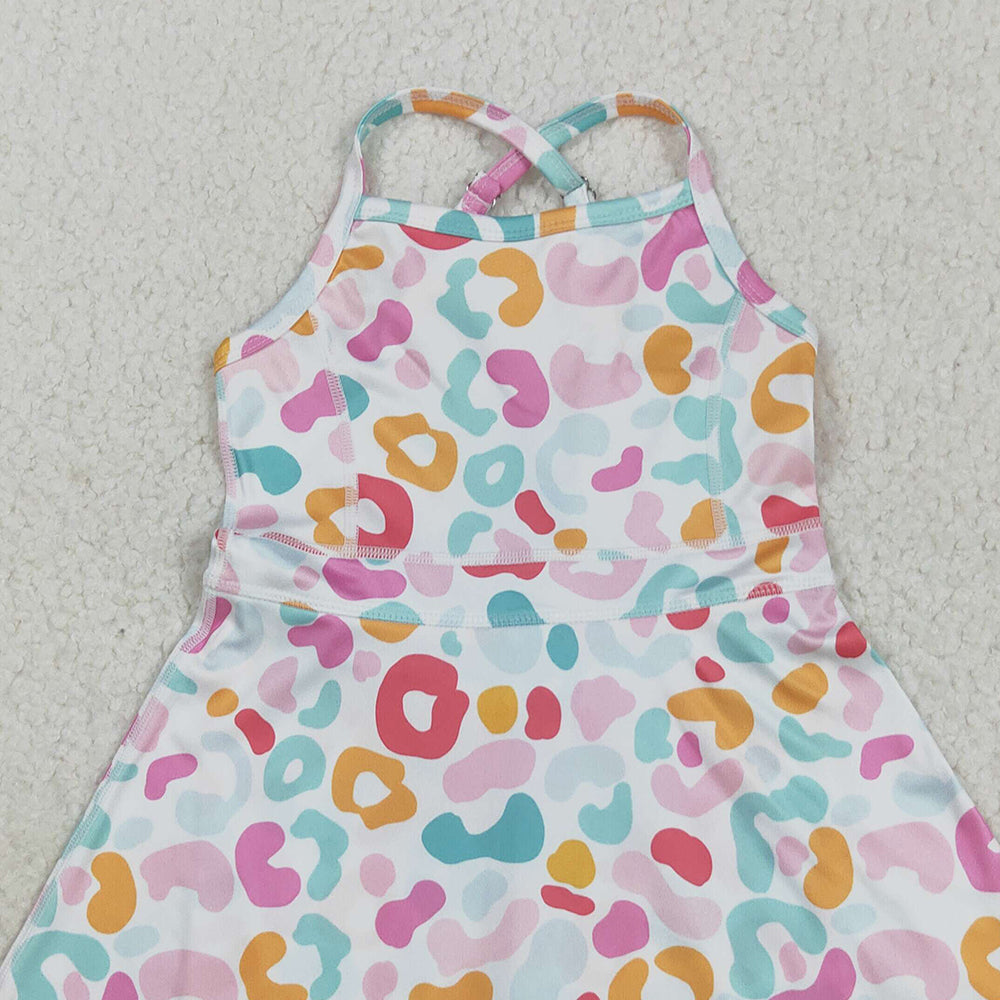 8.20 RTS NO MOQ (In stock)GSD2645 Baby Girls Summer Yoga Dress Baby Girls Strap Pink Green Leopard Shorts Knee Length Dresses