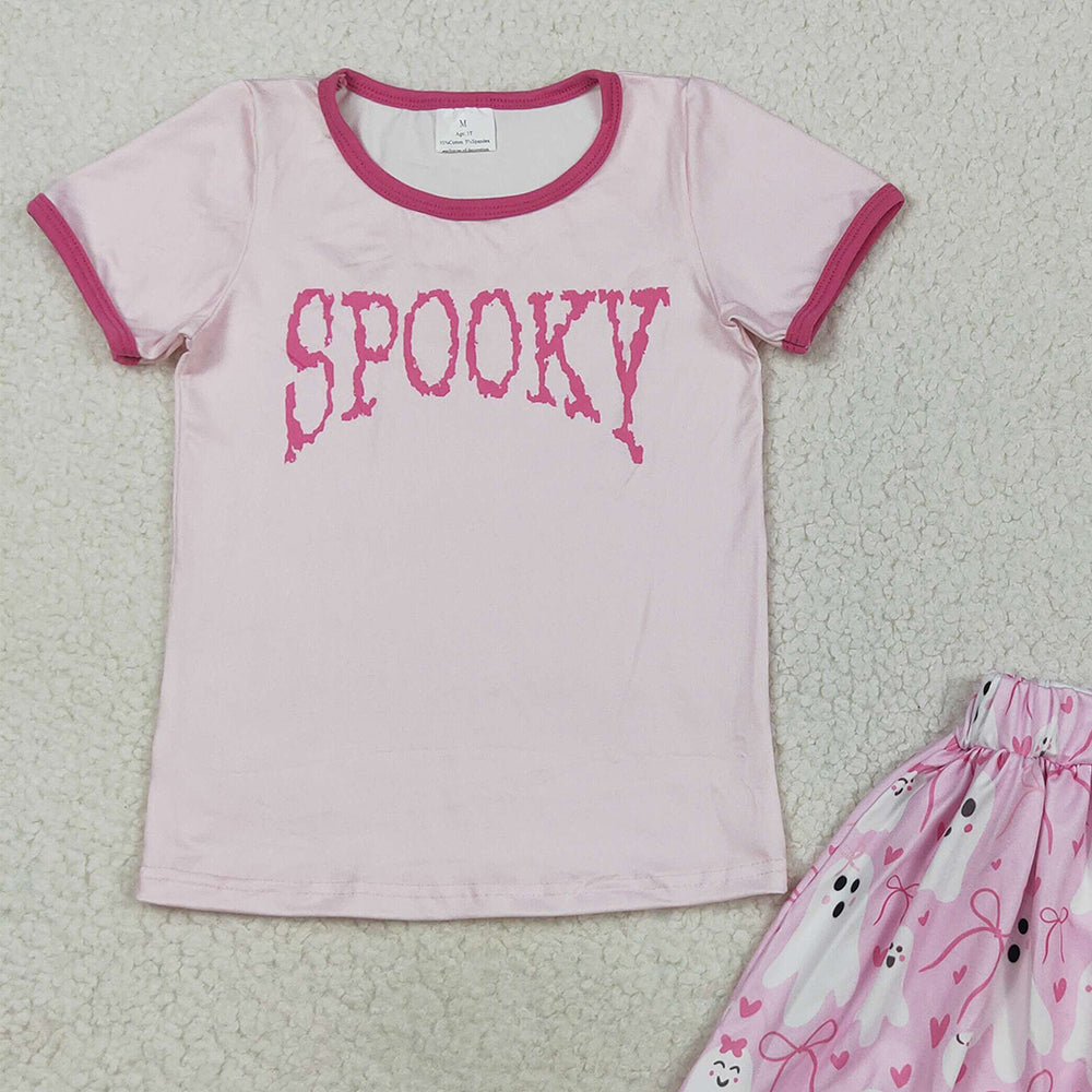 RTS NO MOQ (In stock)GSD2776Baby Girls Skirt Sets Baby Girls Pink Spooky Top Ghosts Bows Plaid Skorts Halloween Set