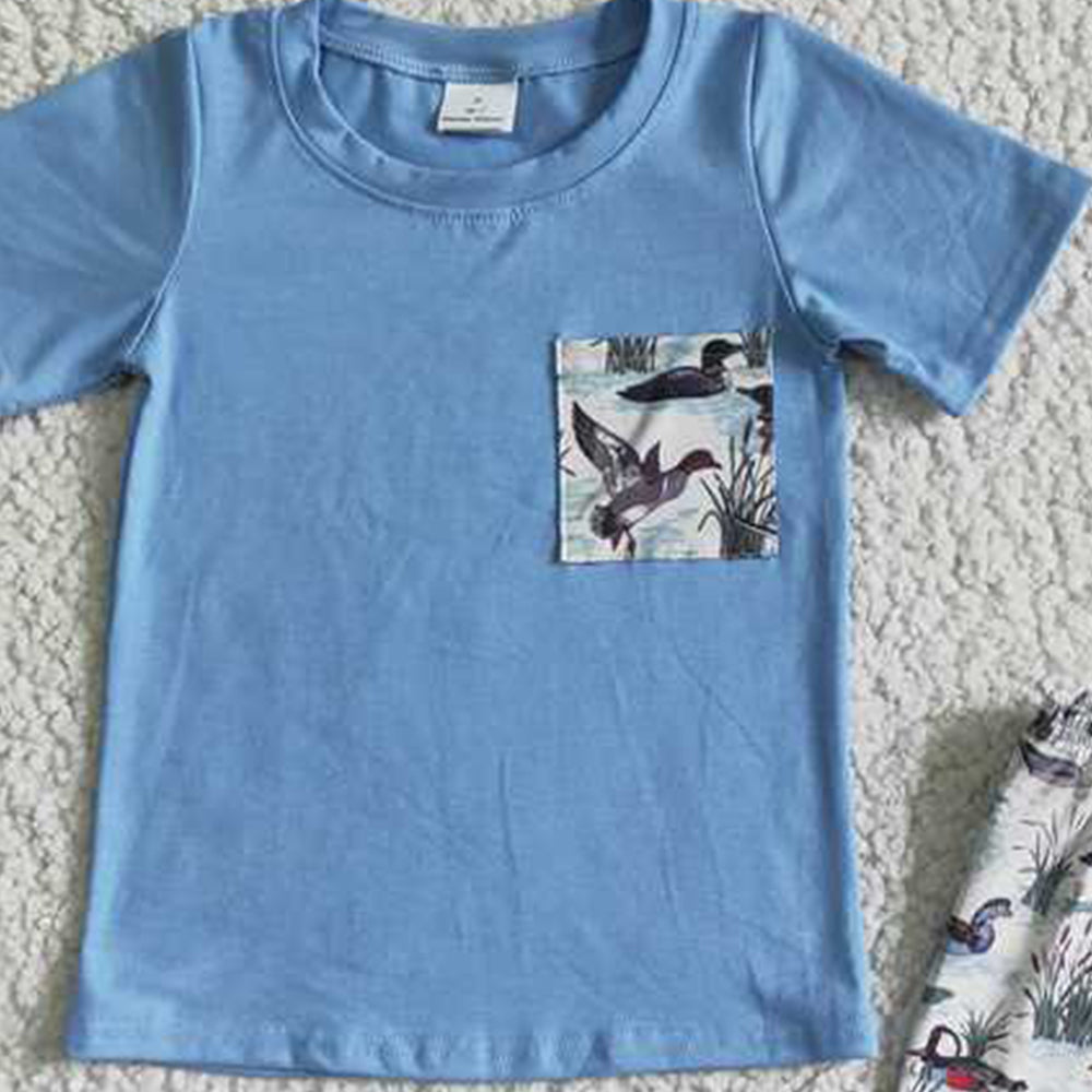 6.13 E8-15 RTS NO MOQ Baby Boys Summer Boys Outfits Blue cotton short sleeve shirt duck print shorts boy summer outfits