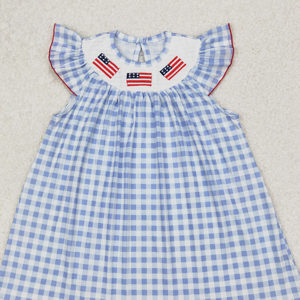 4.30 GSD1817 RTS NO MOQ Baby Girls Flutter Sleeves Blue Plaid Embroidery Flags Top 4th Of July Dresses