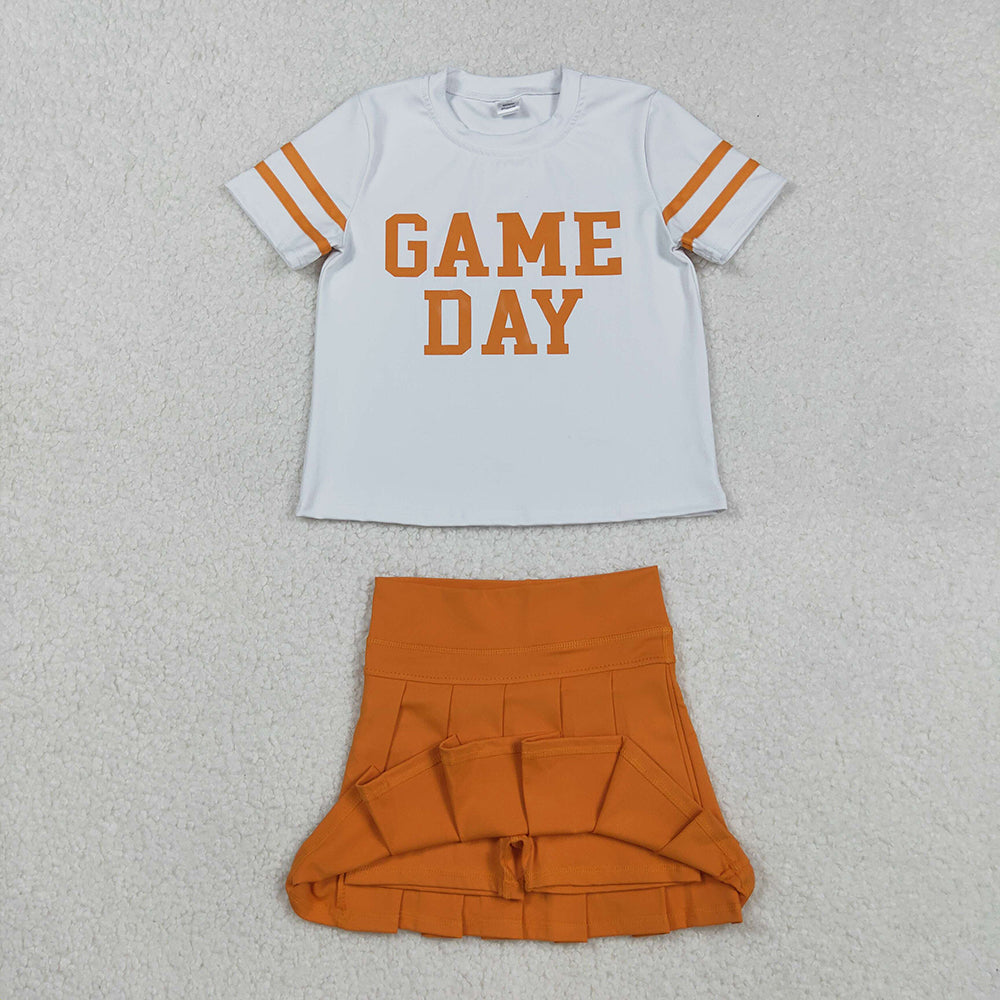 RTS NO MOQ (In stock)GT1116+GLK0109 Baby Girls Yoga Outfits White Orange Short Sleeves Game Day Activewear Top with Pleated Skirts Orange Yoga Skorts Bottom