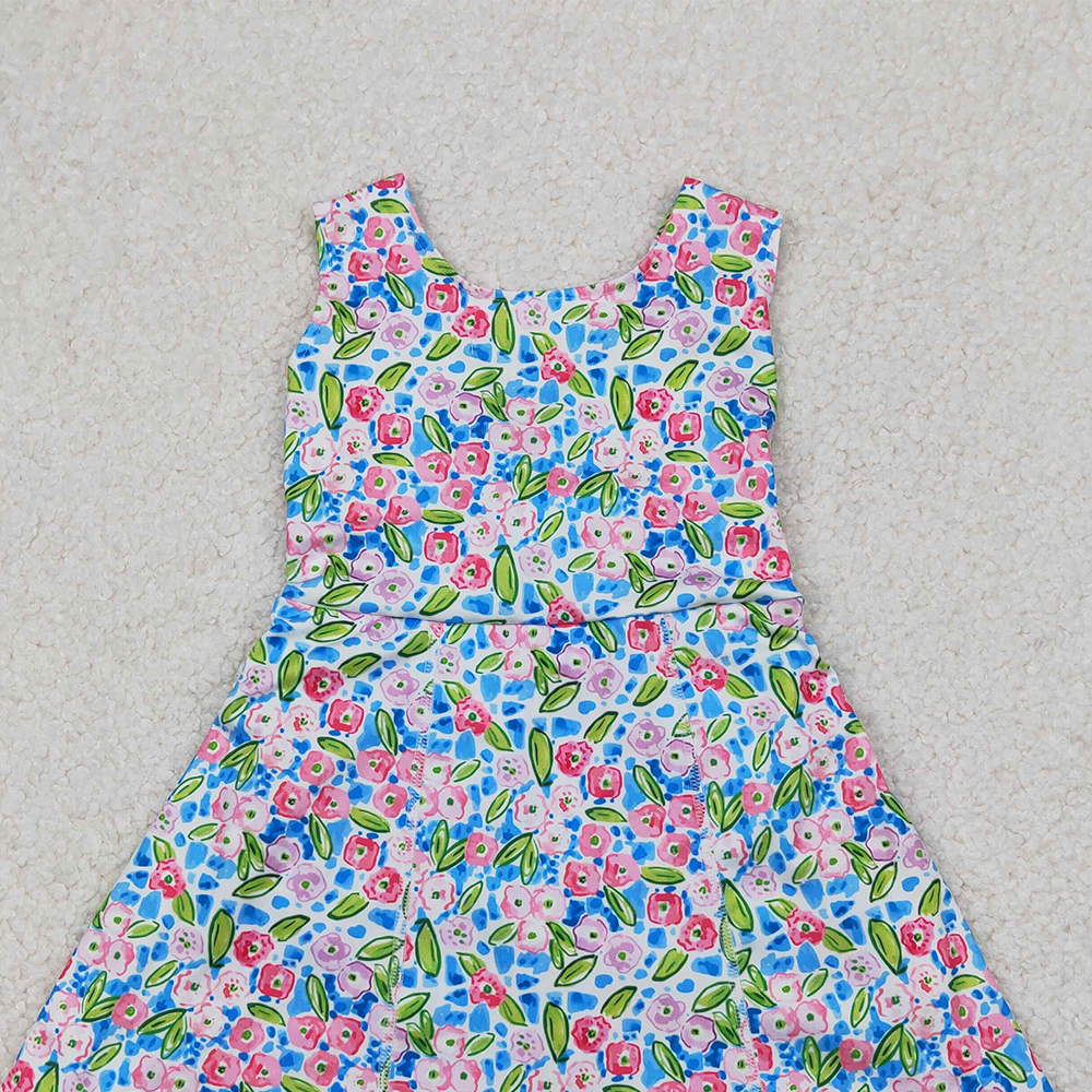 4.14 GSD1990 RTS NO MOQ Baby Girls Summer Yoga Dress Sleeveless blue floral kids girls athletic dresses