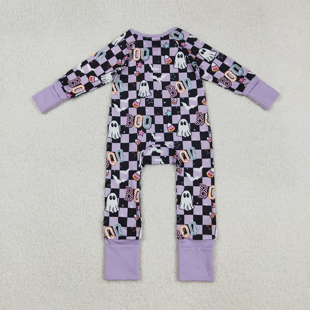 RTS NO MOQ (In stock)LR2541 Baby Girls Winter Rompers Lavender Plaid Boo Ghost Girls Halloween Zipper Romper for Kids Cute Scary Monster Costume Outfit