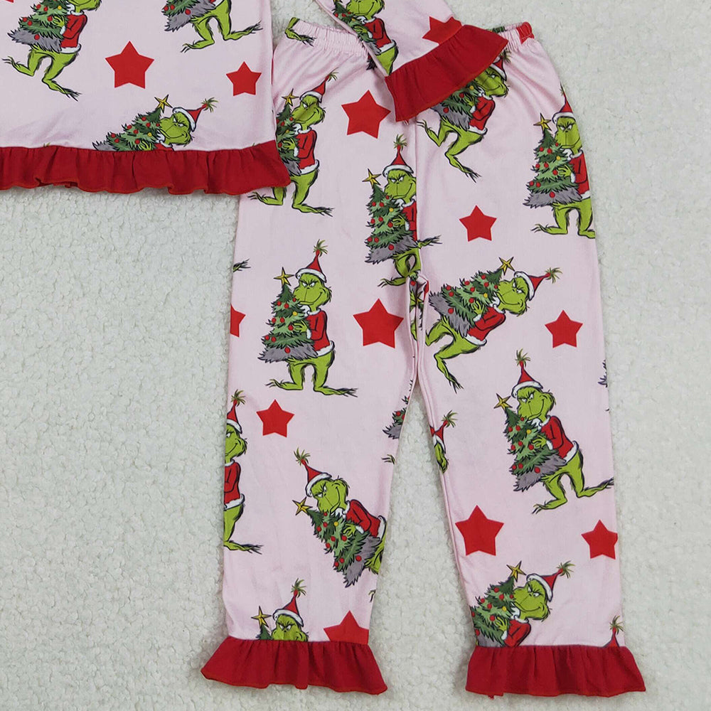 RTS NO MOQ (In stock)GLP2646 Baby Girls Winter Outfits Christmas Green Face Trees Top Pants Pajamas Sets
