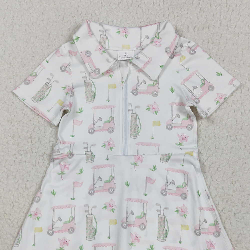 6.21 GSD2410RTS NO MOQ Baby Girls Summer Yoga Dress Baby Girls Short Sleeves Pink Flowers Golf Zipper Knee Length Dresses