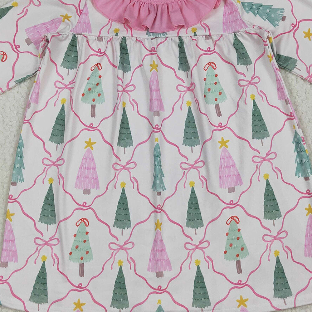 8.15 GLD1093 RTS NO MOQ Baby Girls Winter Dress baby girl clothes Christmas trees bow pink long sleeve dress