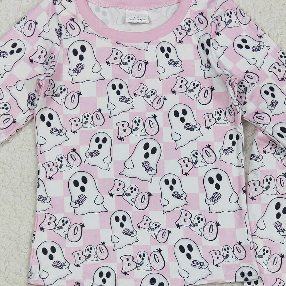 RTS NO MOQ (In stock)GLP2433 Baby Girls Winter Outfits Baby Girls Pink Halloween Ghost BOO Top Pant Pajamas Sets