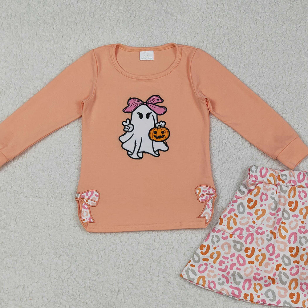 RTS NO MOQ (In stock)GLD1174 Baby Girls Skirt Sets Halloween Leopard Skorts Set with Bows Ghost And Pumpkins Tops for Kids' Halloween Outfit