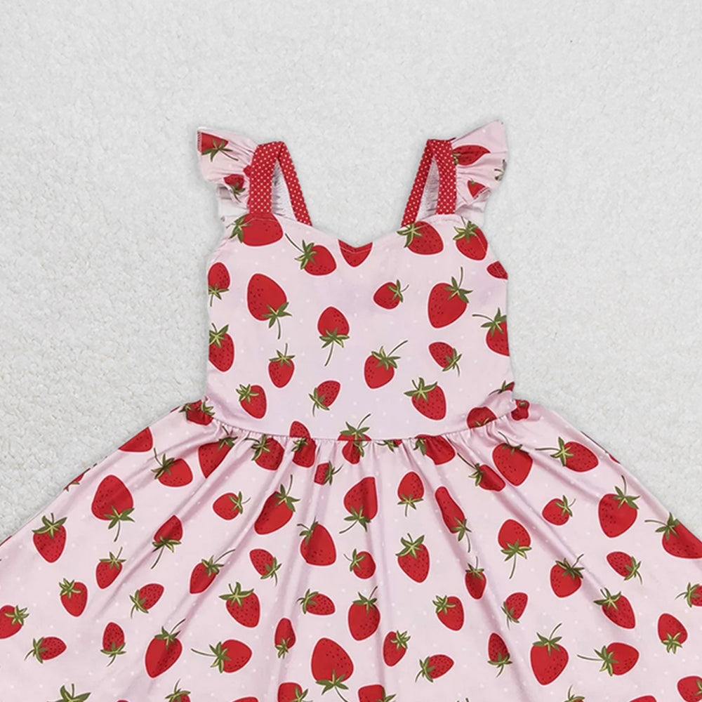 GSD1273 RTS NO MOQ Baby Girls Summer Dress Baby Girls Strawberry Flutter Sleeve Knee Length Dresses