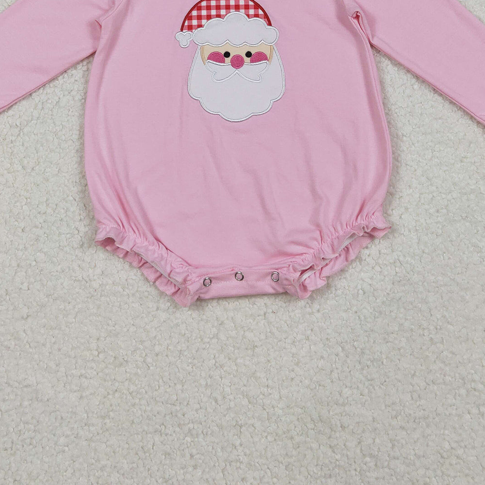 9.30 RTS NO MOQ (In stock)LR1733 Baby Girls Winter Rompers Embroidery Santa Baby Girls Pink Long Ruffle Sleeve Christmas Rompers