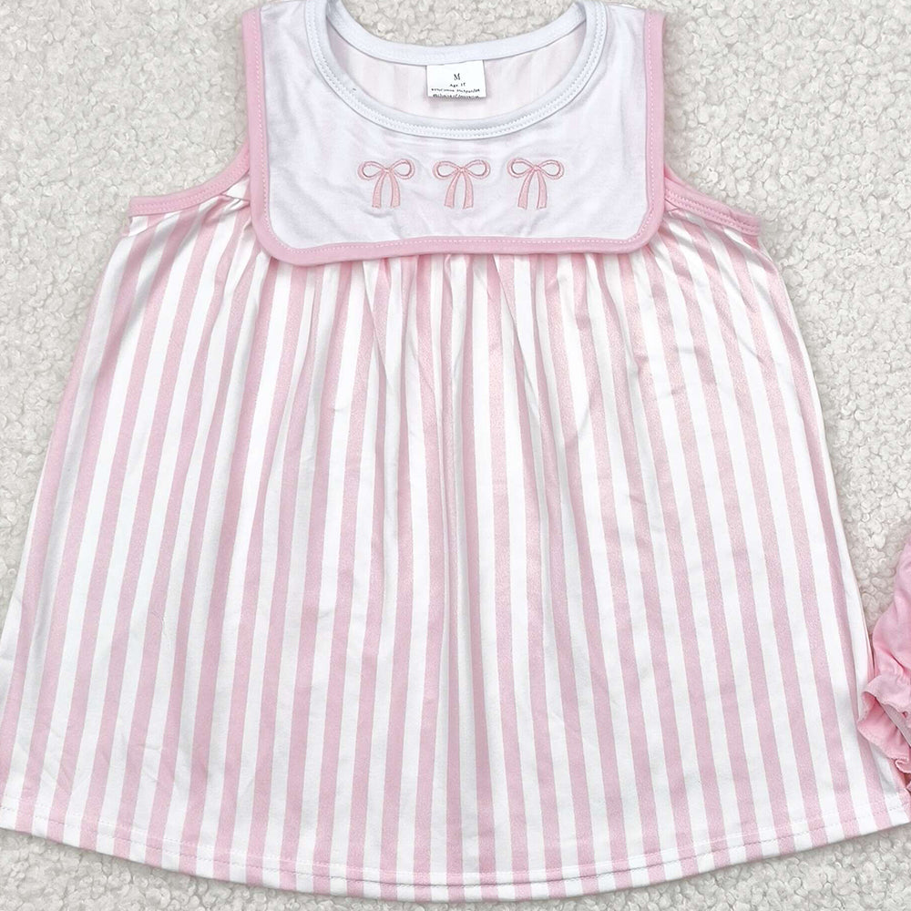 4.09 GBO0476 RTS NO MOQ Baby Girls Summer Outfits Pink bow stripe sleeveless tunic bummies girls clothes