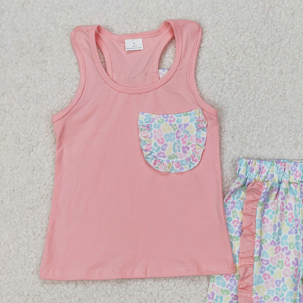 4.22 GSSO1783 RTS NO MOQ Leopard pocket sleeveless top ruffle shorts girls clothes