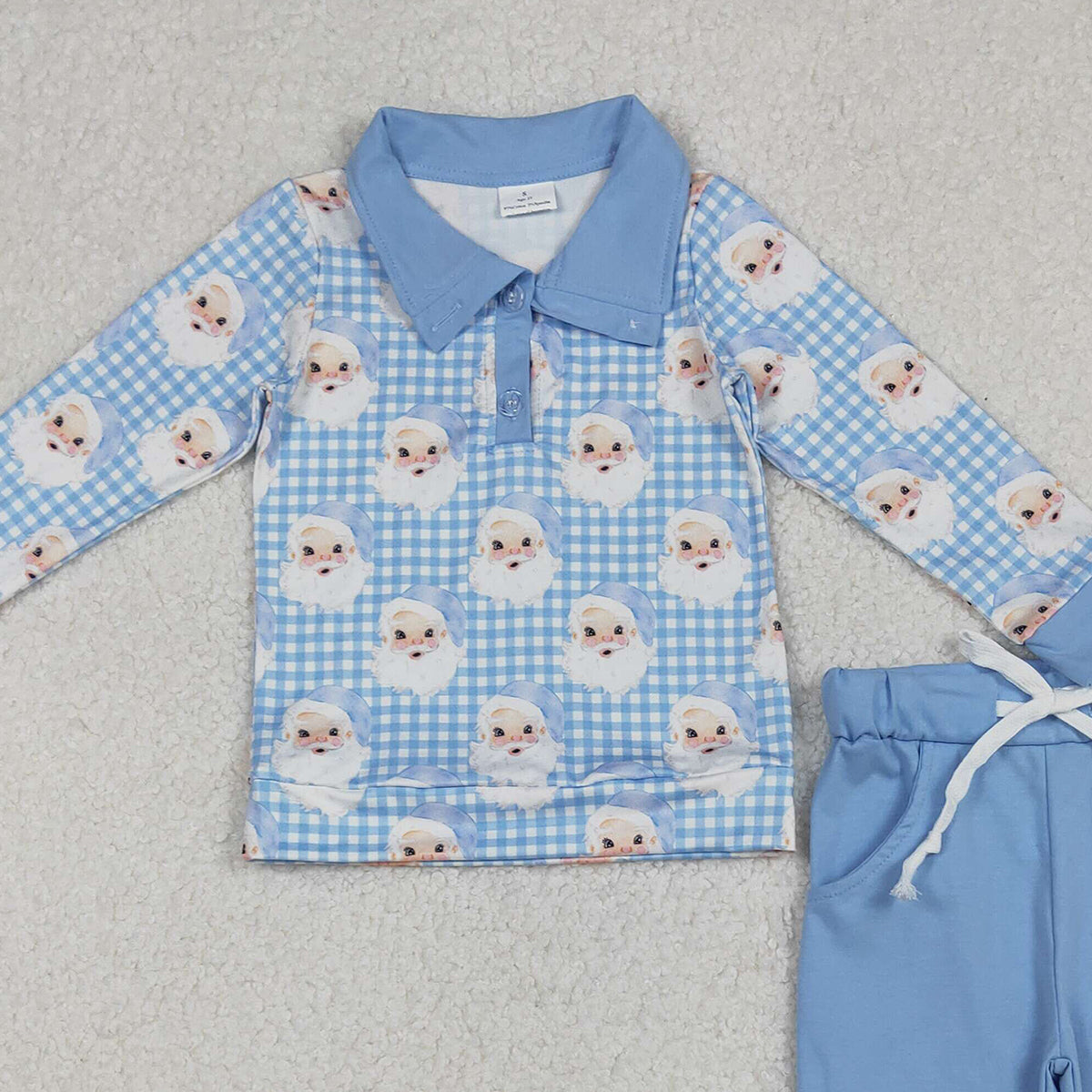 10.14 RTS NO MOQ (In stock)BLP1295 Baby Boys Winter Outfits Baby Boys Blue Checked Santa Button Top Pockets Pants Christmas Clothes Sets