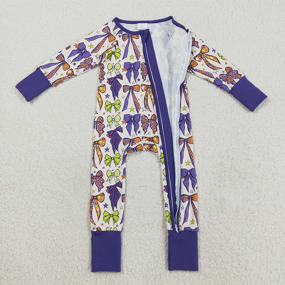 8.20 RTS NO MOQ (In stock)LR2403 Baby Girls Winter Rompers Baby Girls Long Sleeves Purple Bows Zipper Footie Rompers