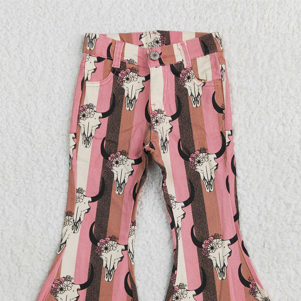 P0437RTS NO MOQ Baby Girls Denim Pants Baby Girls Aztec Western Cow Skull Bell Flare Denim Pants
