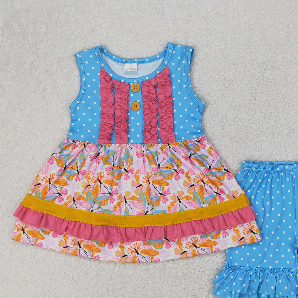 4.21 GSSO2199 RTS NO MOQ Baby Girls Summer Outfits Baby Girls Butterfly Ruffle Tunic Shorts Clothes Sets