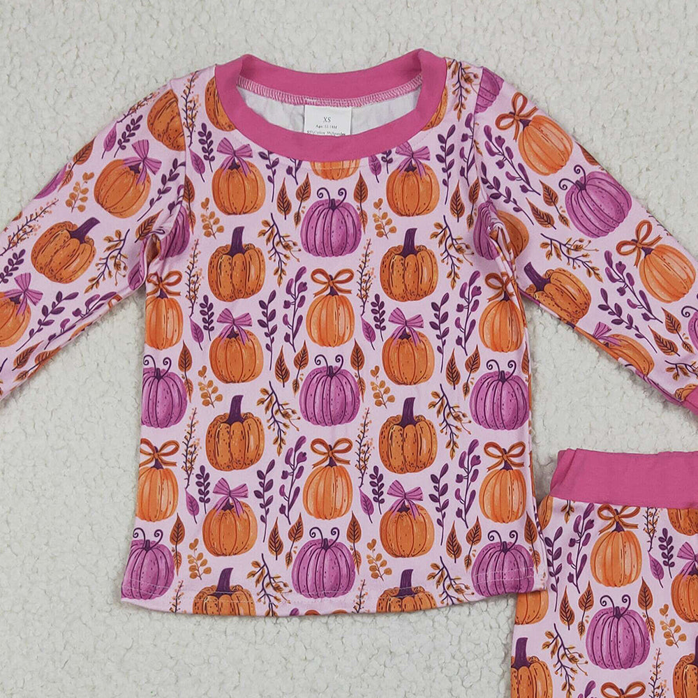 8.15 GLP2415RTS NO MOQ Baby Girls Winter Outfits Baby Girls Long Sleeves Hot Pink Floral Pumpkins Top Pant Pajamas Set