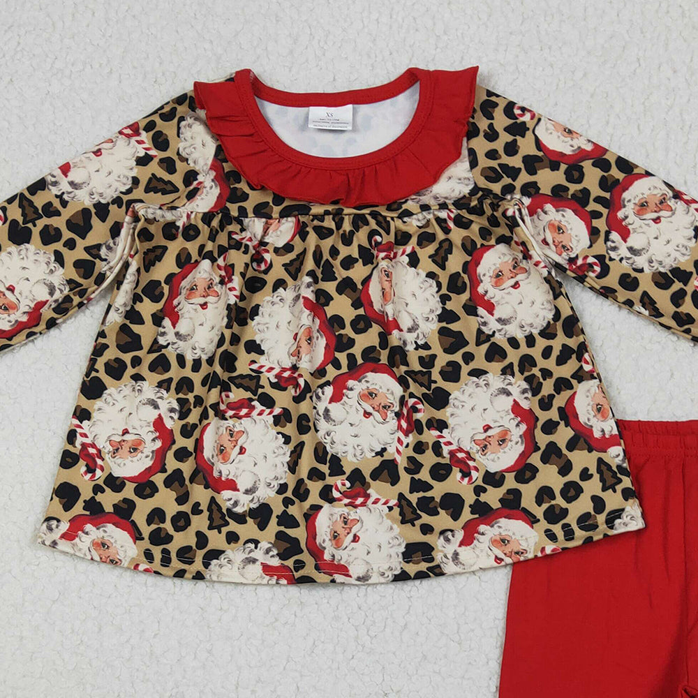 8.13 GLP2369RTS NO MOQ Baby Girls Winter Outfits Baby Girls Long Sleeves Leopard Santa Tunic Ruffle Pants Set