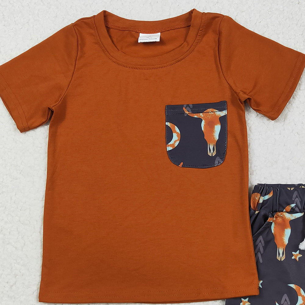 8.11 BSSO0758 RTS NO MOQ Baby Boys Summer Boys Outfits Baby Boys Brown Shirt Top Cow Stars Western Shorts Clothes Sets