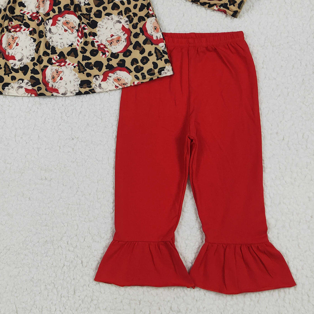 8.13 GLP2369RTS NO MOQ Baby Girls Winter Outfits Baby Girls Long Sleeves Leopard Santa Tunic Ruffle Pants Set