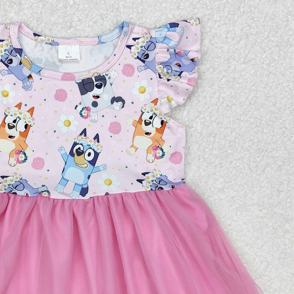 GSD1789Kids Girls Pink Floral Tulle Dress with Flutter Sleeves Dog Pattern Cute Children's Party Wear