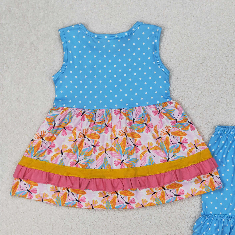GSSO2199RTS NO MOQ Baby Girls Summer Outfits Girls Butterfly Ruffle Tunic Polka Dots Shorts Outfit Set Cute Feminine Clothing Ensemble for Little Girls