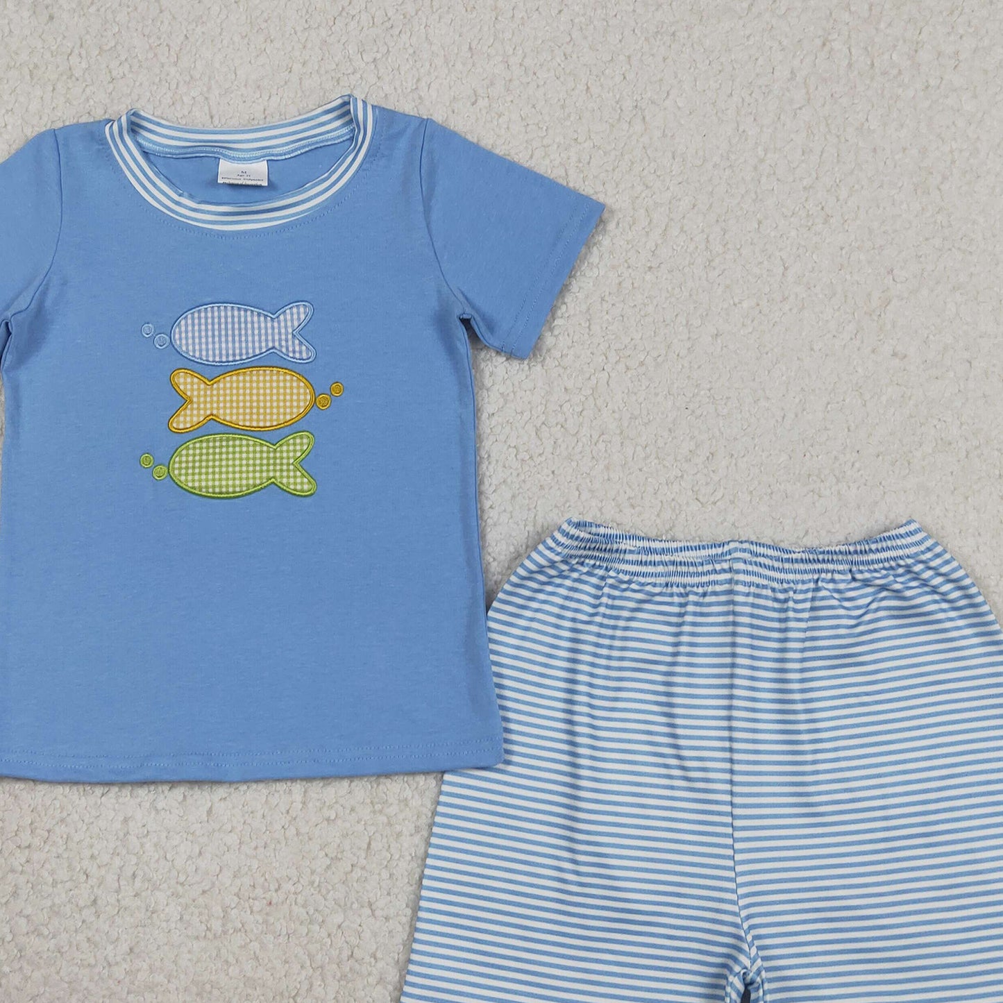 BSSO1905 RTS NO MOQ (In stock )Short sleeves fish top plaid shorts kids boys outfits