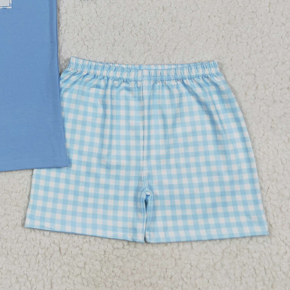 7.01 BSSO1331RTS NO MOQ Baby Boys Summer Boys Outfits Baby Boys Blue Embroidery Apple ABC Top Plaid Shorts Back To School Clothes Sets