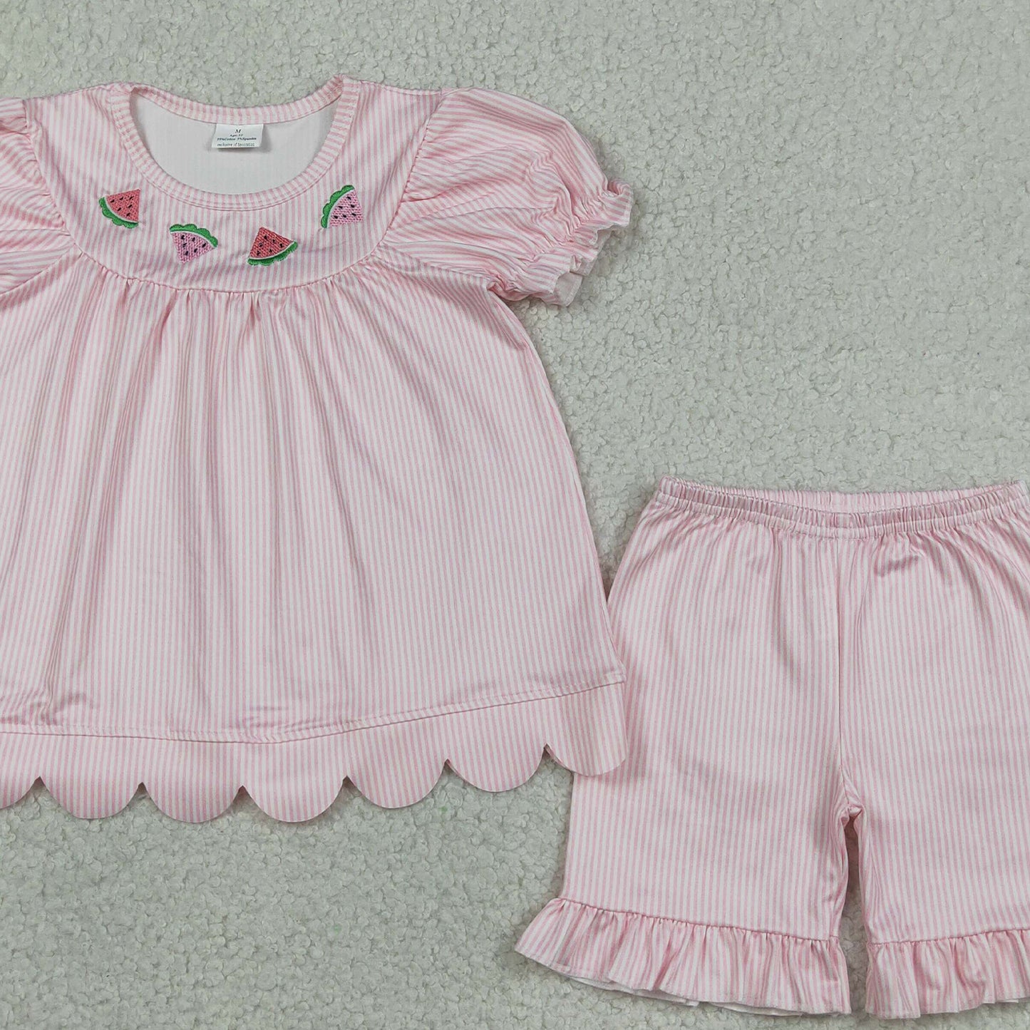 GSSO3239 RTS NO MOQ (In stock )pink stripe watermelon embroidery scallop girls outfits