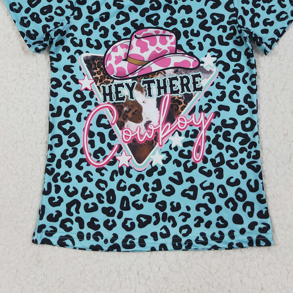 GT0934 RTS NO MOQ Baby Girls Summer Tops Baby Girls Leopard Hey Cowboy Short Sleeve Tee Shirts Tops