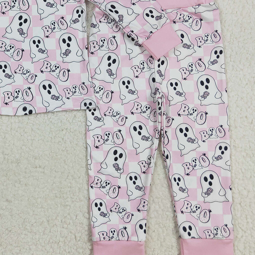 RTS NO MOQ (In stock)GLP2433 Baby Girls Winter Outfits Baby Girls Pink Halloween Ghost BOO Top Pant Pajamas Sets