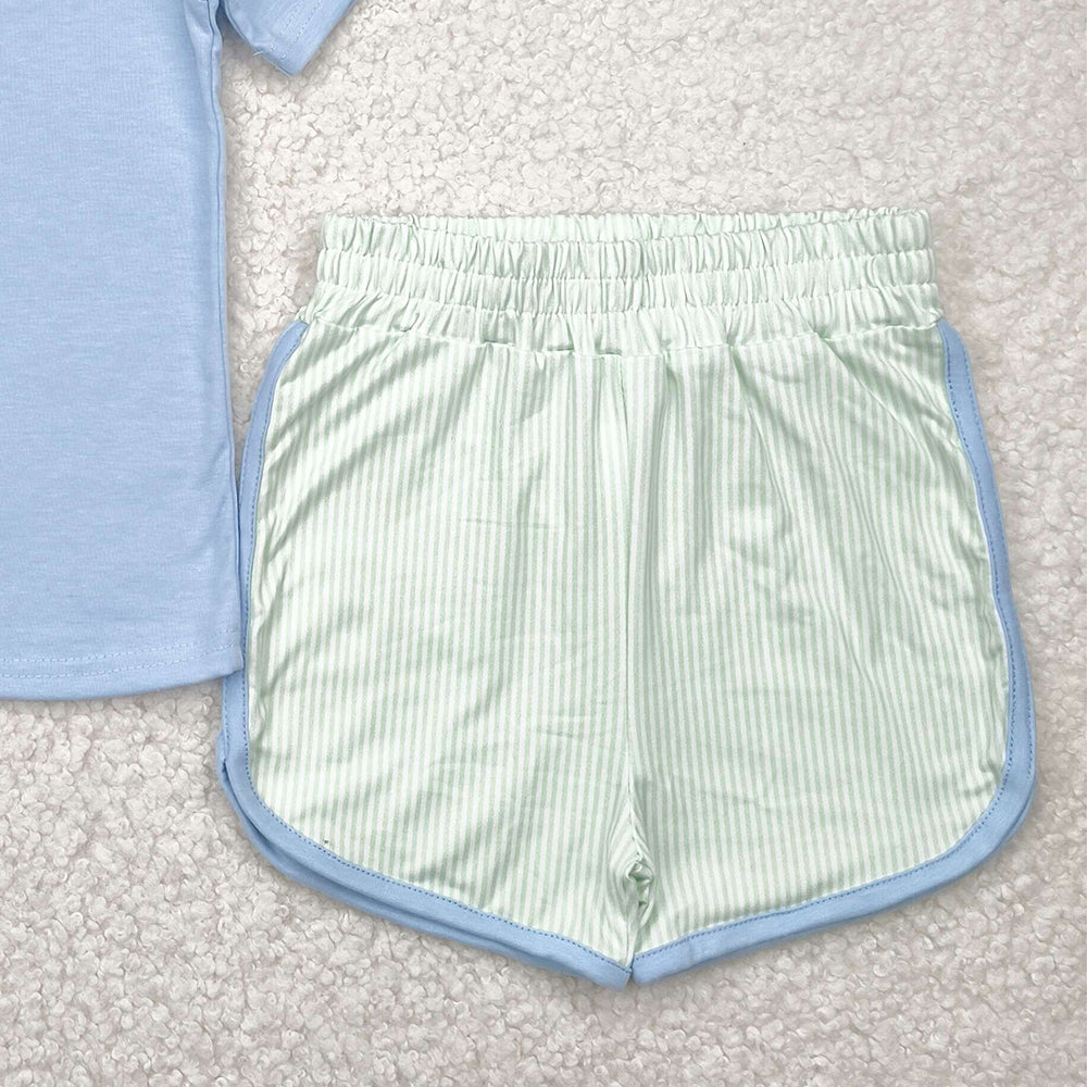 BSSO1481 RTS NO MOQ Baby Boys Summer Boys Outfits Baby Boys Summer Blue Top Green Shorts Set
