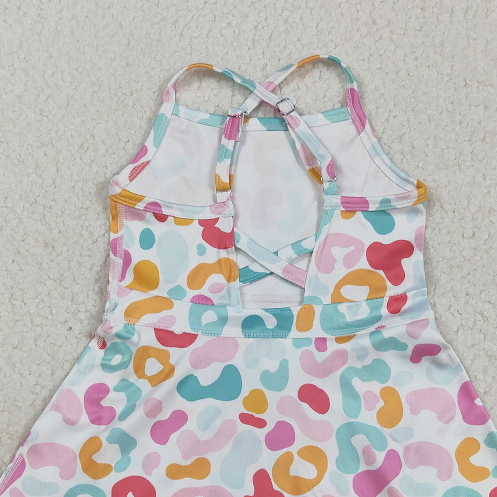 8.20 RTS NO MOQ (In stock)GSD2645 Baby Girls Summer Yoga Dress Baby Girls Strap Pink Green Leopard Shorts Knee Length Dresses