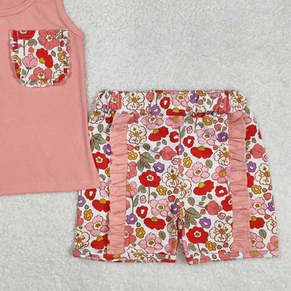 4.07 GSSO1793 RTS NO MOQ Baby Girls Summer OutfitsPeach sleeveless floral bow ruffle shorts girls clothes