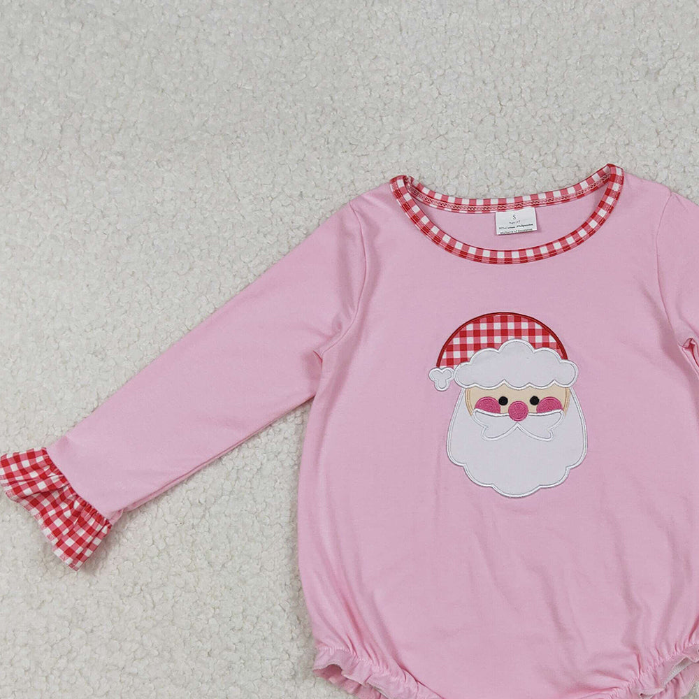 9.30 RTS NO MOQ (In stock)LR1733 Baby Girls Winter Rompers Embroidery Santa Baby Girls Pink Long Ruffle Sleeve Christmas Rompers