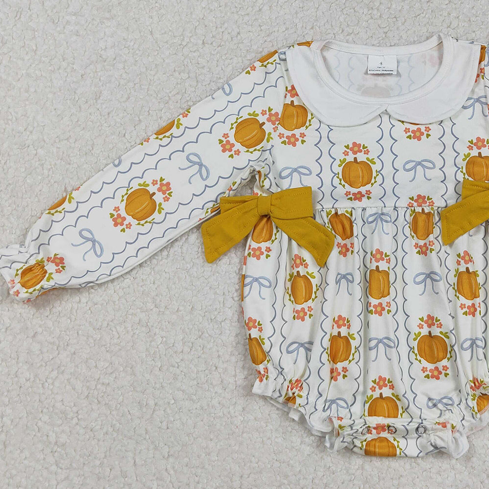 RTS NO MOQ (In stock)LR2389 Baby Girls Winter Rompers Fall Seasonal Pumpkin Bow Design Comfortable Cotton Outfit for Infants