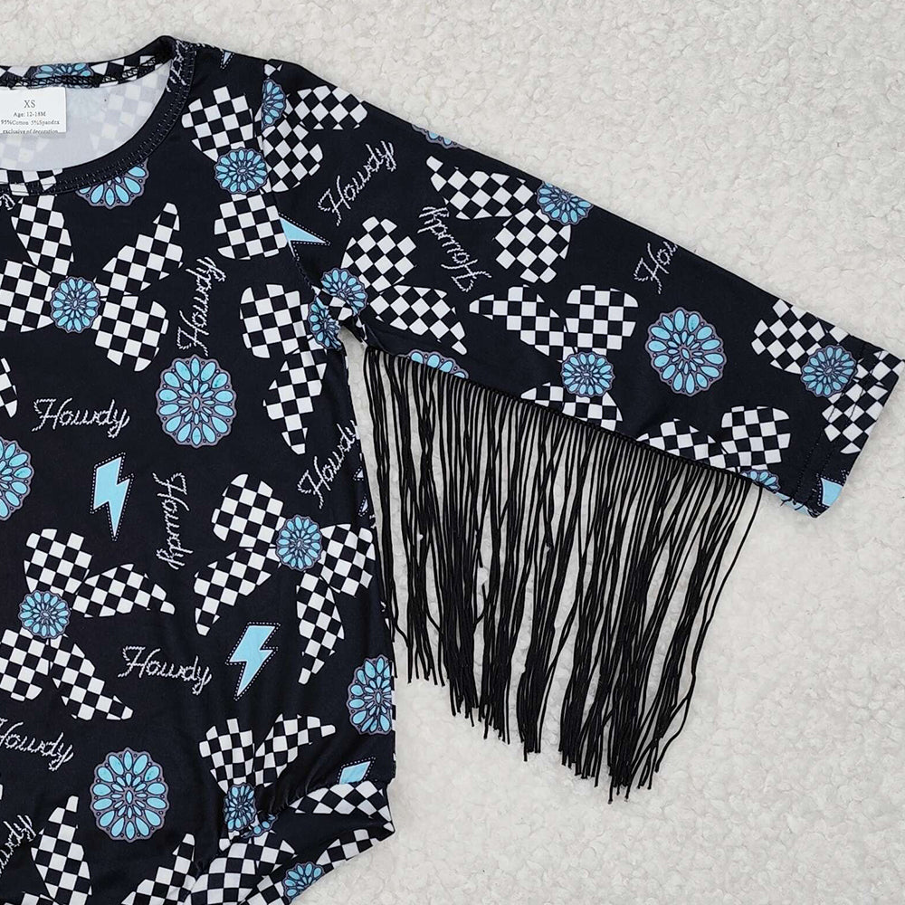 SR2552Turquoise plaid bow howdy tassels western baby romper