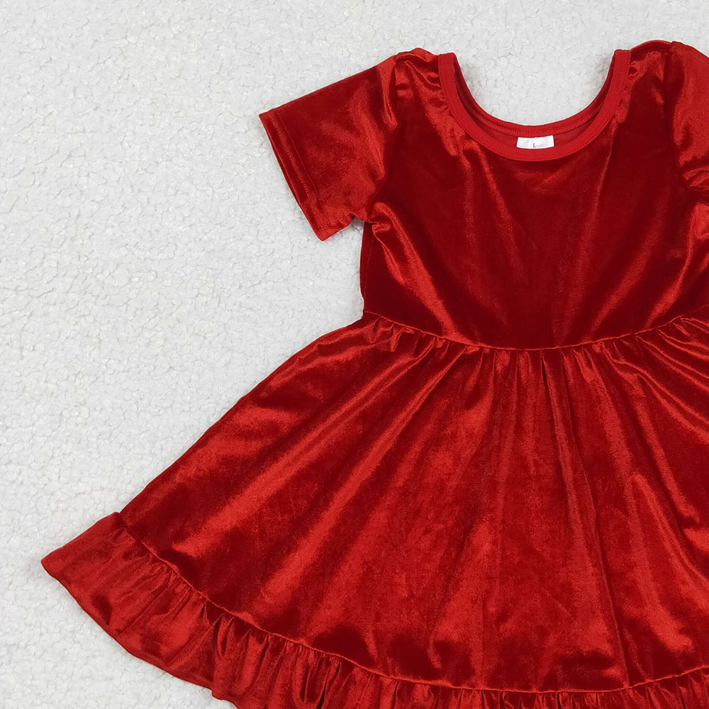 RTS NO MOQ (In stock)GSD2614 Baby Girls Dress Baby Girls Short Sleeves Red Velvet Ruffle Knee Length Dresses