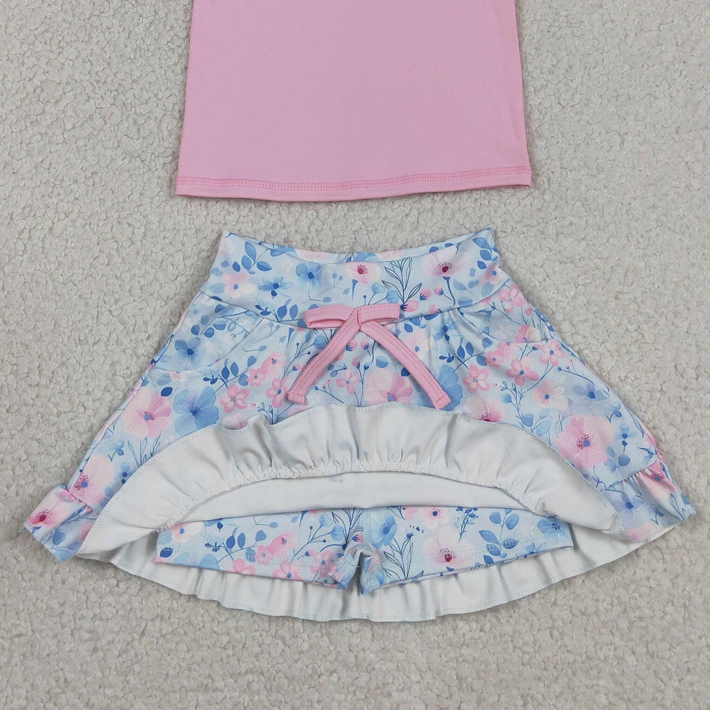 GSD3773 RTS NO MOQ (In stock )Sleeveless pink top floral skirt girls active wear set