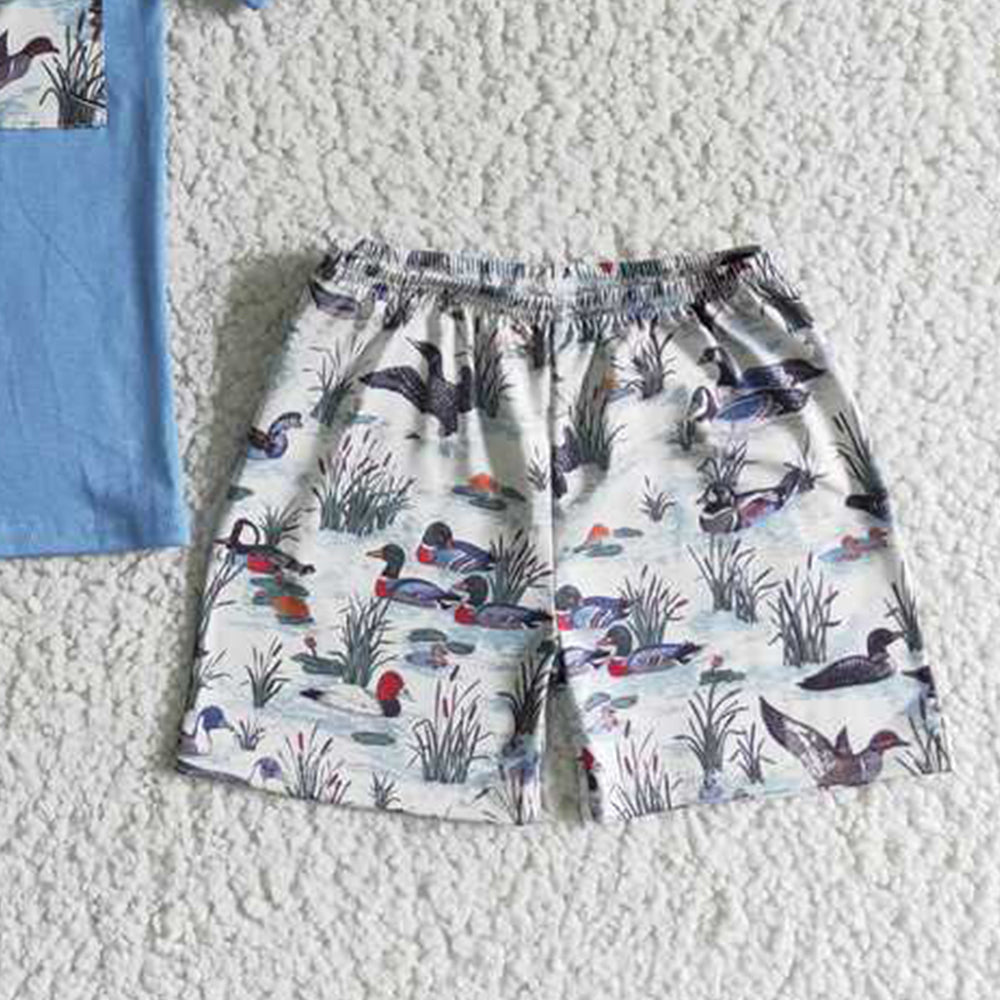 6.13 E8-15 RTS NO MOQ Baby Boys Summer Boys Outfits Blue cotton short sleeve shirt duck print shorts boy summer outfits