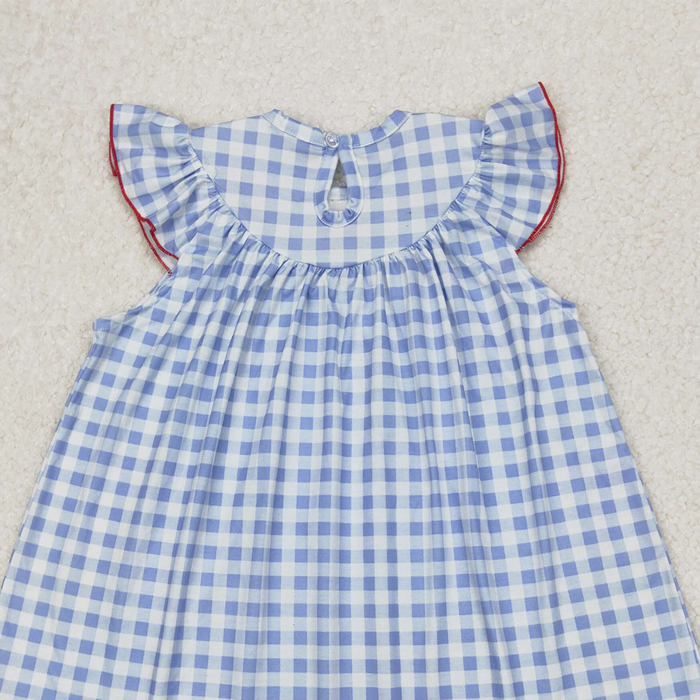 4.30 GSD1817 RTS NO MOQ Baby Girls Flutter Sleeves Blue Plaid Embroidery Flags Top 4th Of July Dresses