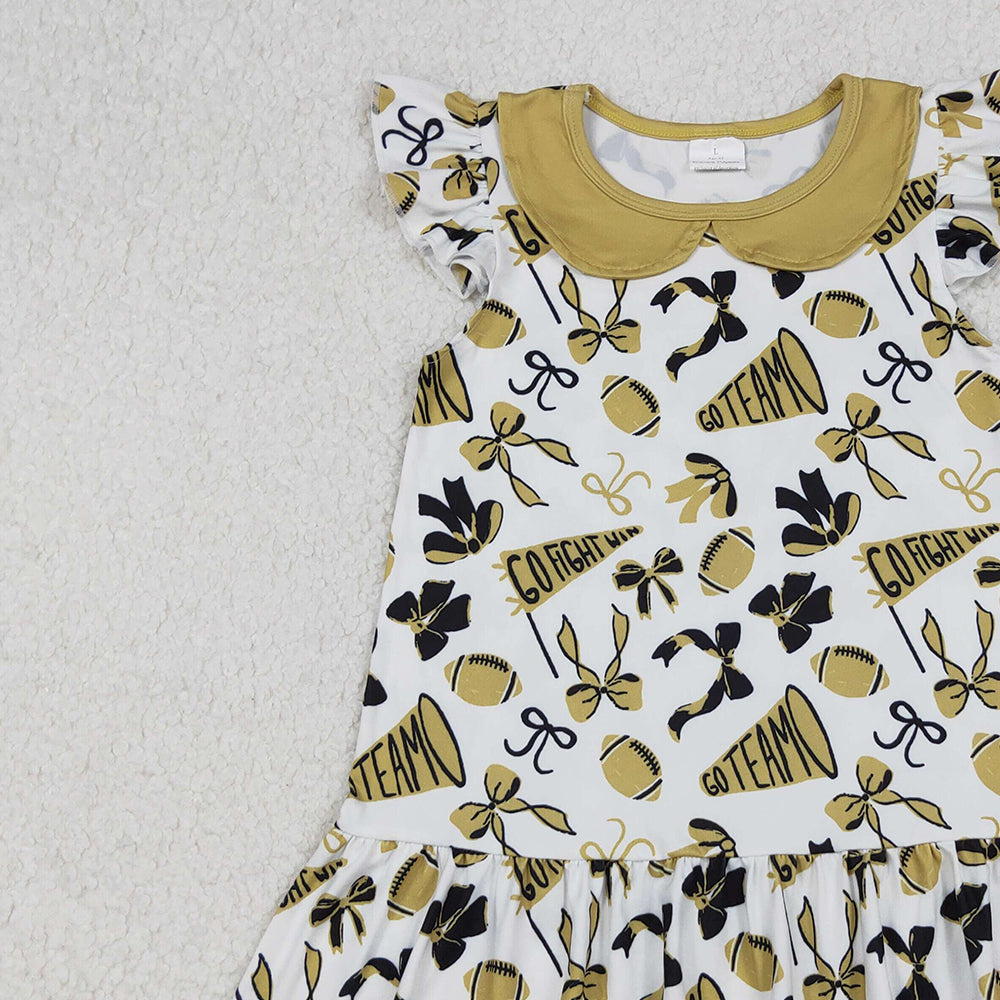RTS NO MOQ (In stock)GSD2788 Baby Girls Summer Dress Flutter Sleeves Yellow Cheer Bows Team Knee Length Dresses
