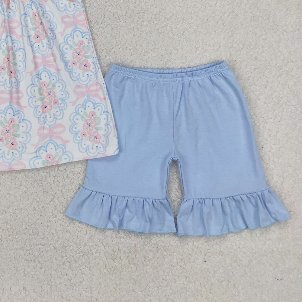5.28 GSSO2407 RTS NO MOQ Baby Girls Summer Outfits I love daddy floral bow tunic ruffle shorts girls clothing
