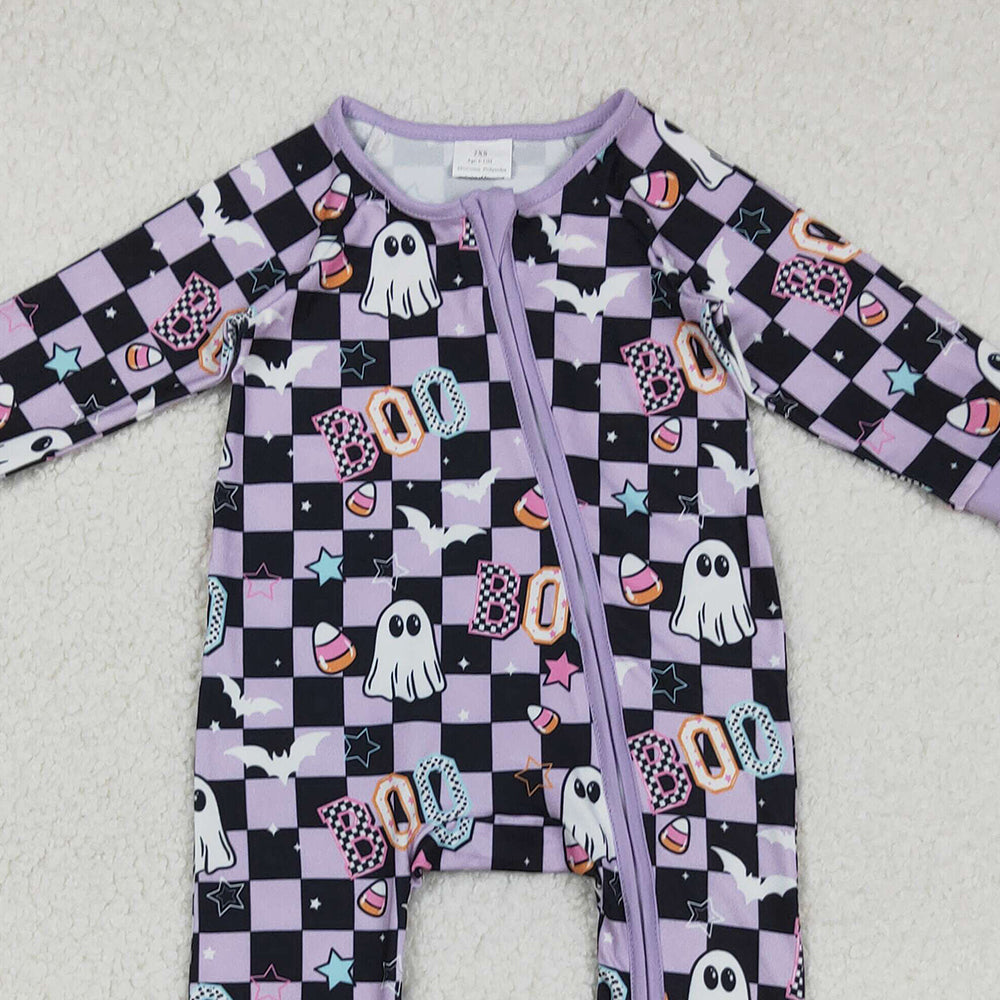 RTS NO MOQ (In stock)LR2541 Baby Girls Winter Rompers Lavender Plaid Boo Ghost Girls Halloween Zipper Romper for Kids Cute Scary Monster Costume Outfit