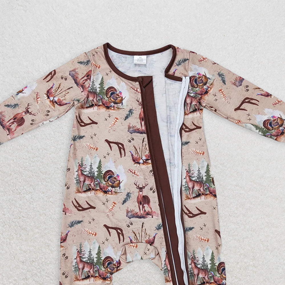 USA Shop (in stock) LR1014RTS NO MOQ Baby Boys Winter Outfits Modal Deerhorn Turkey Brown Zipper Long Sleeve Bodysuit