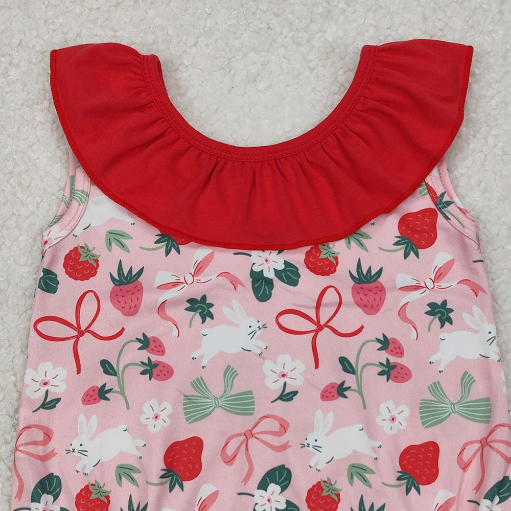 6.03 SR2582 New Rts No Moq 8-9 Days By Air Arrived it Sleeveless ruffle strawberry rabbit bow girls Easter romper