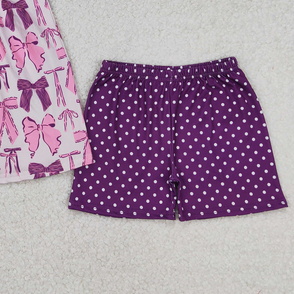6.24 GSSO2105 RTS NO MOQ Sleeveless purple bow tunic polka dots shorts girls clothes