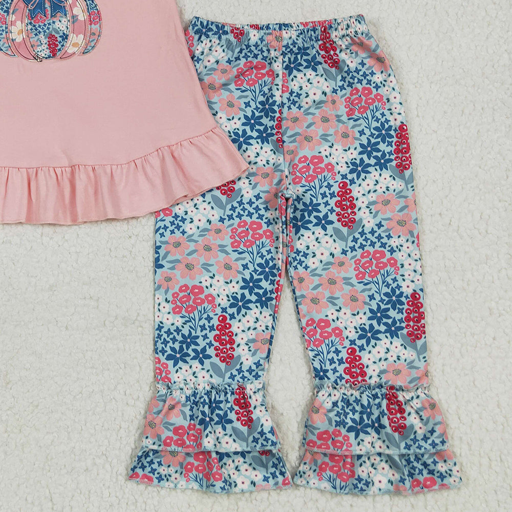 8.15 GSPO2032RTS NO MOQ Baby Girls Spring Outfits Baby Girls Pink Flutter Sleeves Floral Pumpkin Tunic Ruffle Pants Set